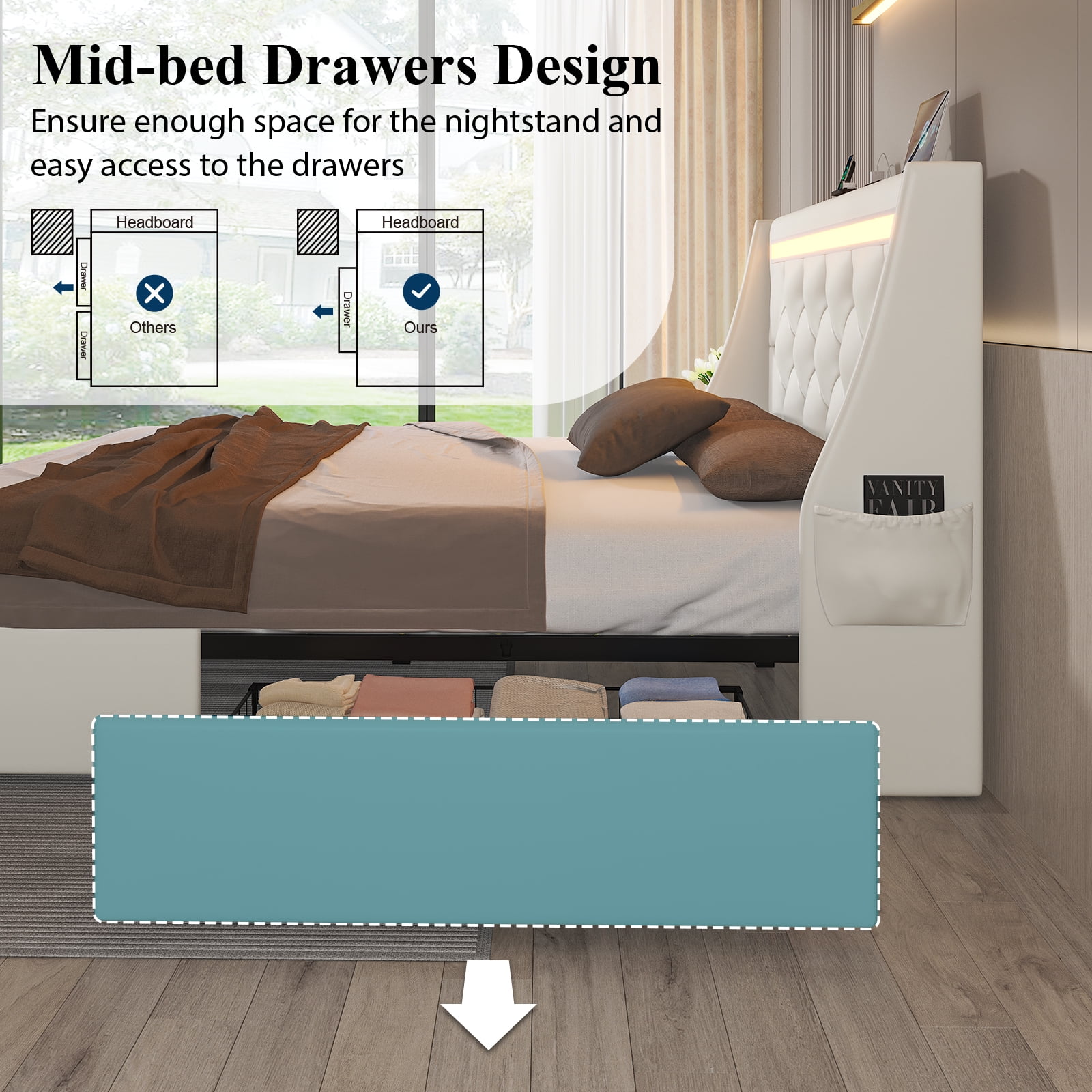 E-motie Queen Bed Frame with 2 Storage Drawers, Upholstered Headboard with LED Light & Charging Station, Diamond Tufted Style, Pu Leather, White
