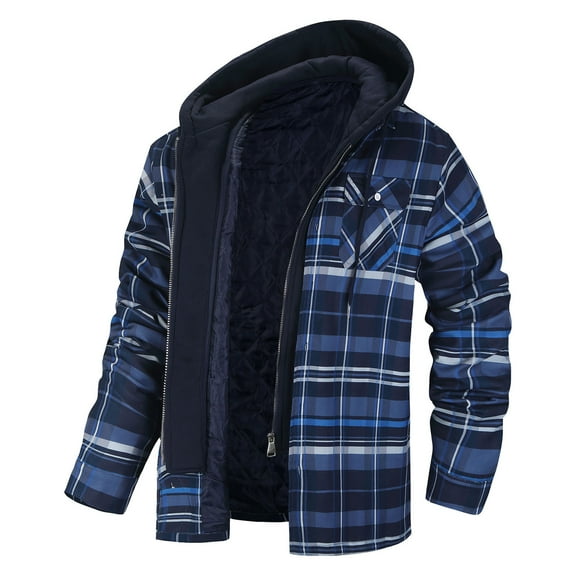 ZCFZJW Flannel Jackets for Men Big and Tall Regular Fit Casual Long Sleeve Plaid Shirt Jacket Fall Winter Thick Warm Quilt Lined Hooded with Button Down Winter Coat with Pockets Navy L