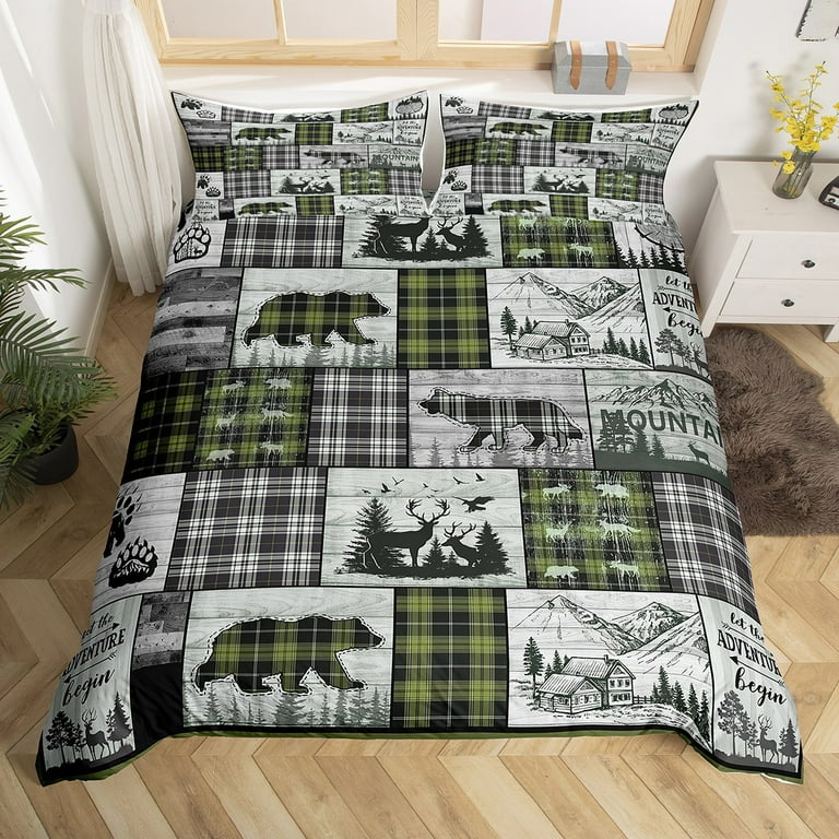 Plaid Bear Deer Moose Duvet Cover Rustic Hunting Woodland Animal