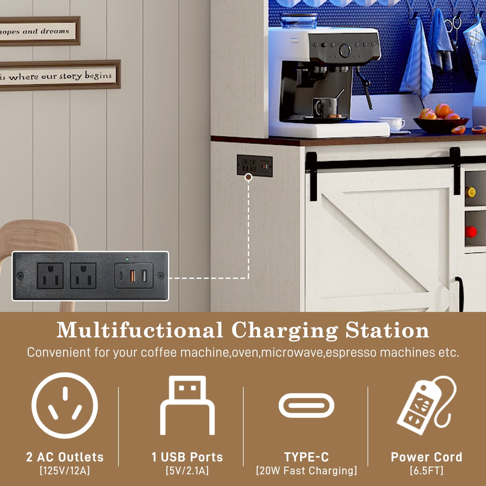 74" Farmhouse Kitchen Pantry Storage Cabinet with LED Light & Charging Station, 63" W Coffee Bar Cabinet Kitchen Cupboard with Hutch and Sliding Barn Doors, Pegboard