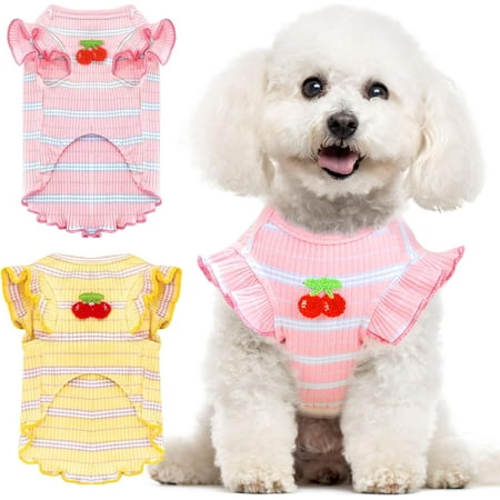 Monebena 2 Pack Striped Small Dog T Shirt Cute Cherry Girl Dog Clothes for Small Dogs Cats Breathable Soft Cotton Pet Puppy Sleeveless Vest Spring Summer Doggy Outfits（Pink+Yellow,X-Large）