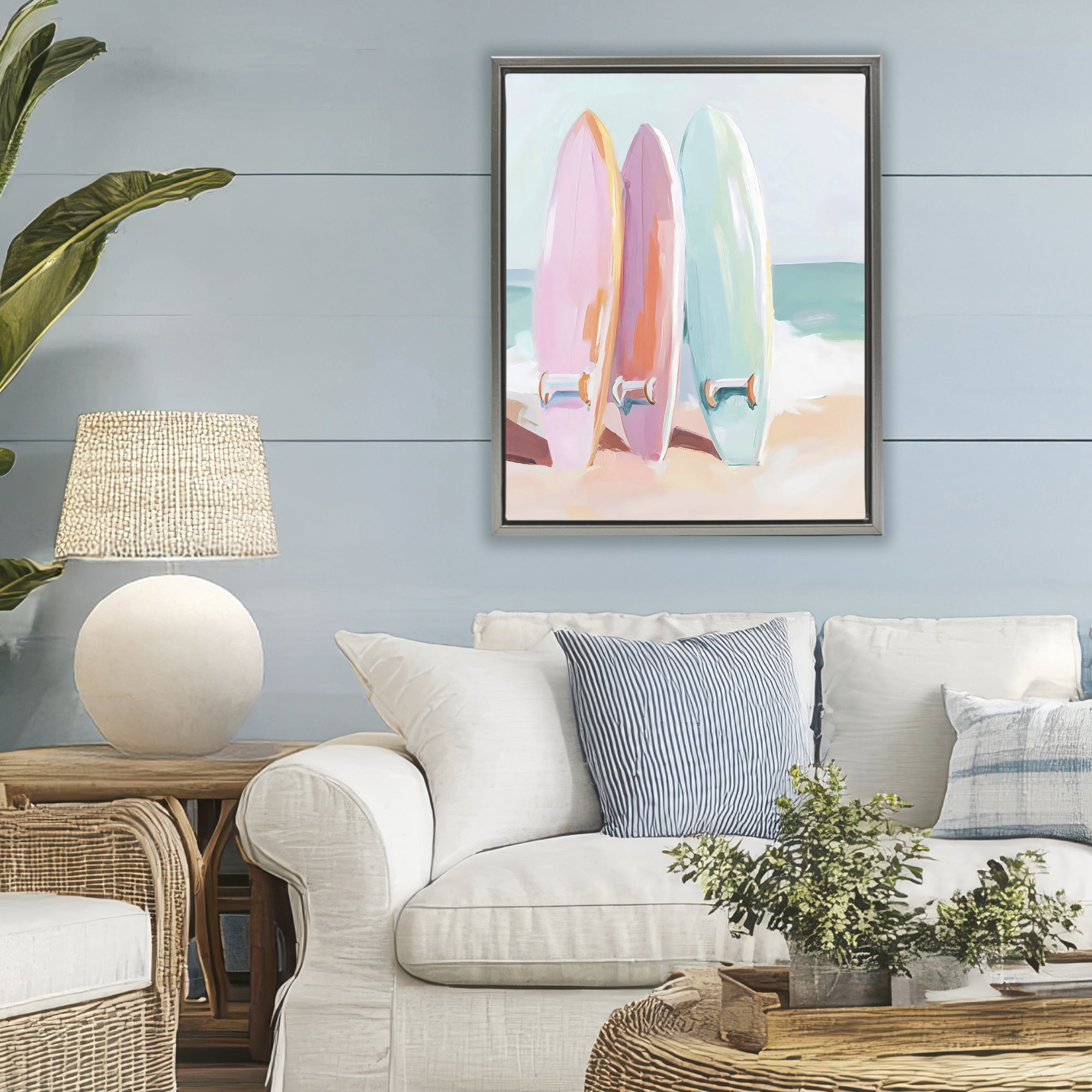 Stupell Industries Pastel Surfboards on Sandy Beach Gray Framed Floater Canvas Wall Art, design by The Prints Vibe