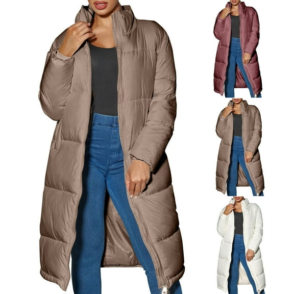 Long Quilted Jackets for Women Zip Up Stand Collar Puls Size Puffer Overcoat with Pockets Solid Color Thermal Outdoor Down Coat 2025 Winter Fashion Outerwear Coats