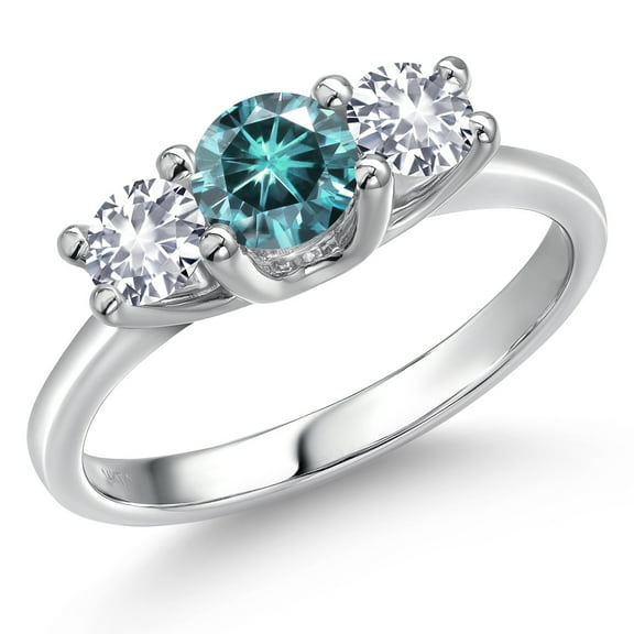 Gem Stone King 14K White Gold Blue Moissanite & White Created Sapphire 3-Stone Engagement Ring | 1.00 Cttw | Round 5MM and 4MM | Three Stone Wedding Anniversary Promise Ring for Women (Size 5)