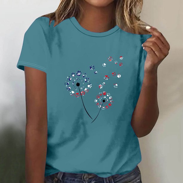 Fiudx Ofertas Flash Del Día Blusas Estampadas Del Día de La Independencia de Moda para Mujer Top de Cuello Redondo de Manga Corta