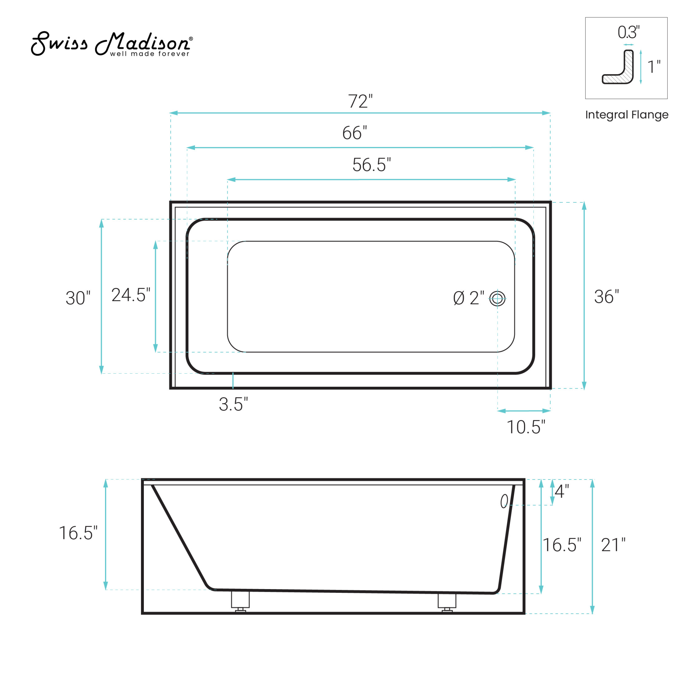 Voltaire 72 x 36 Skirted Right Drain Soaking Alcove Bathtub in Glossy White, Drain Included