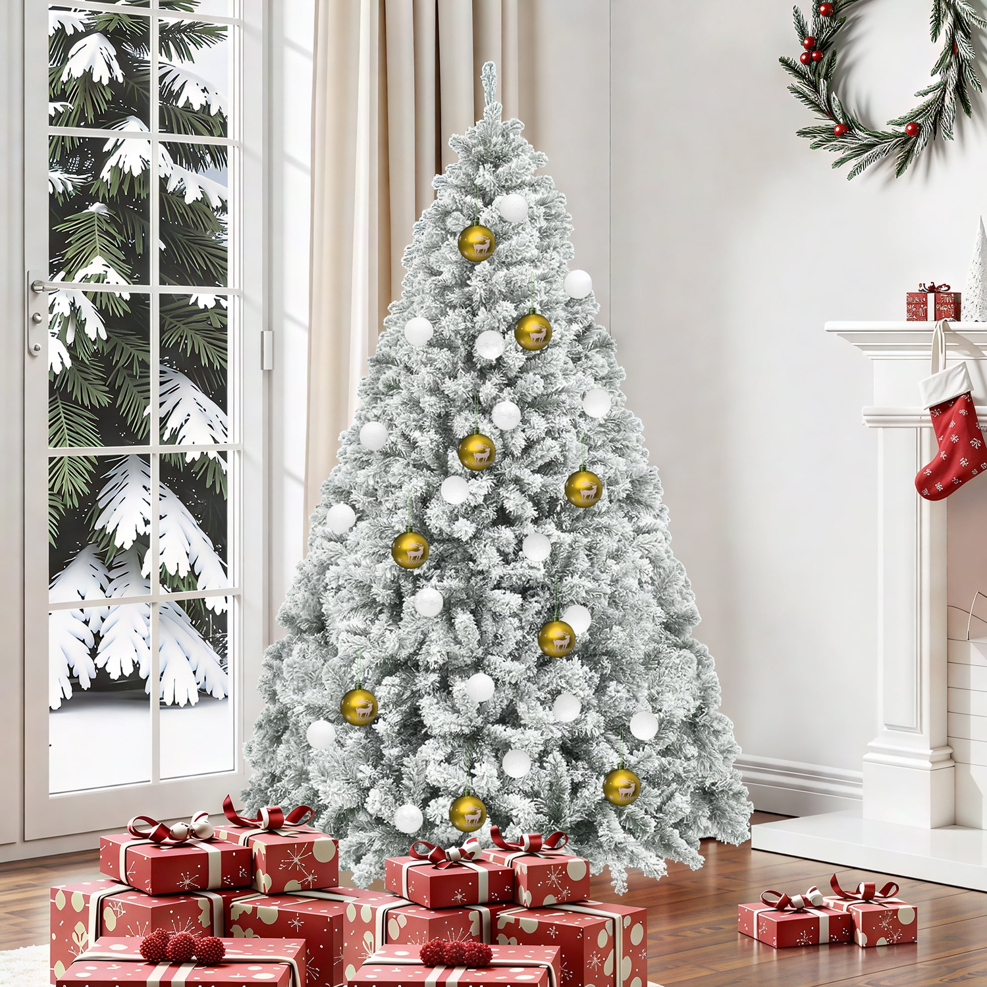 Uforic 6 ft Pre-lit Snow Flocked Artificial Christmas Tree with 880 Branch Tips, Green