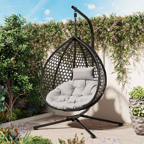 Hanging Egg Chair with Stand – Rattan Weaving, Indoor Outdoor Swing Chair with Removable Cushion for Balcony, Bedroom, Garden, Black and Gray