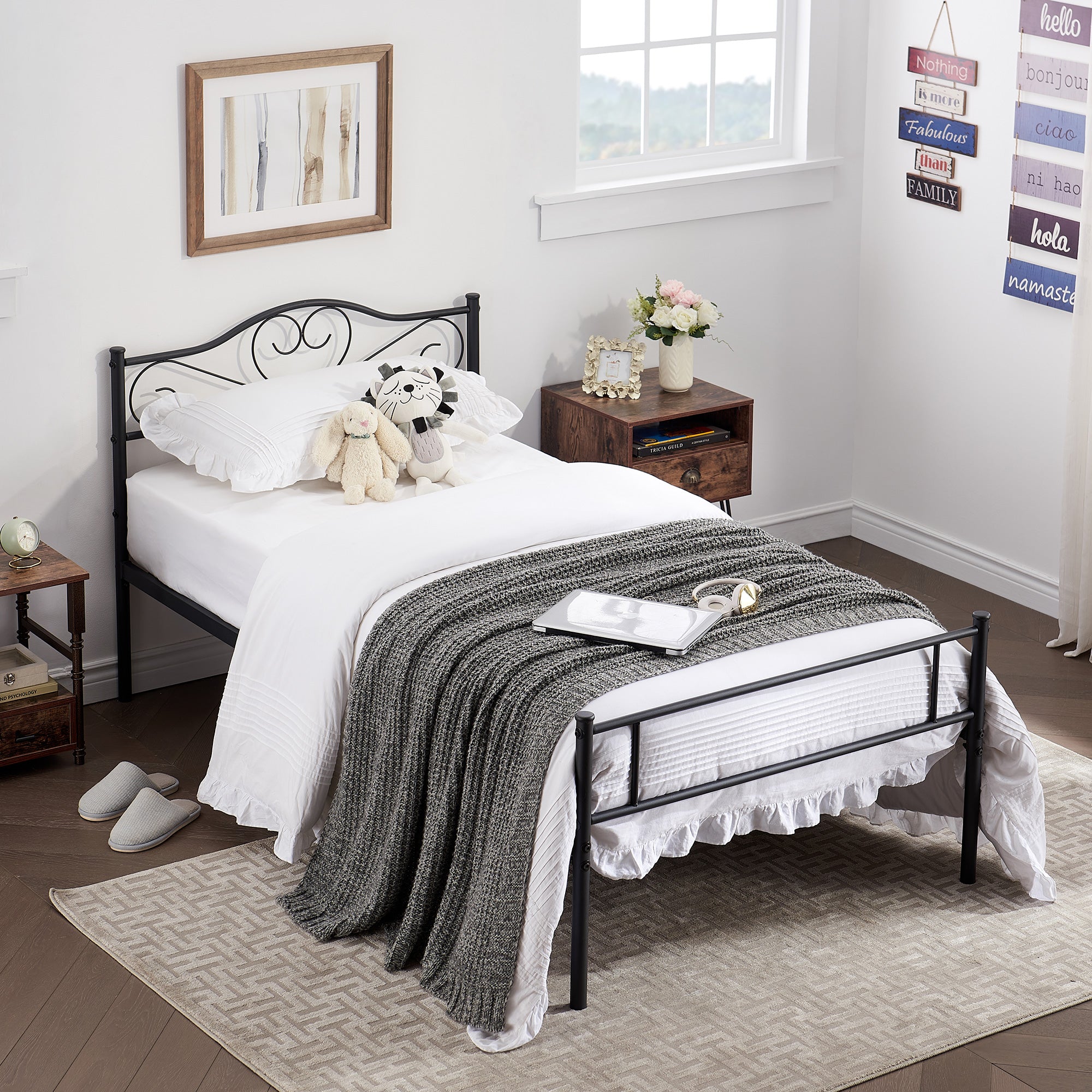 VECELO 14 Inch Twin Size Metal Platform Bed Frame with Headboard and Footboard, Heavy Duty Mattress Foundation with Steel Slats Support, No Box Spring Needed, Black