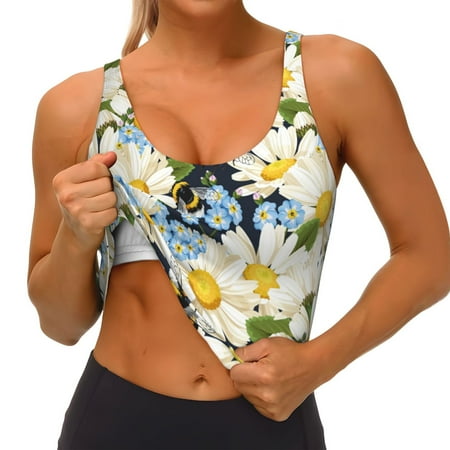 Qokaie Bees Collecting Nectar Pattern Womens Scoop Neck Sports Bra Breathable Workout Vest Padded U Back Medium Impact Fitness Gym Yoga Bra Workout Crop Top