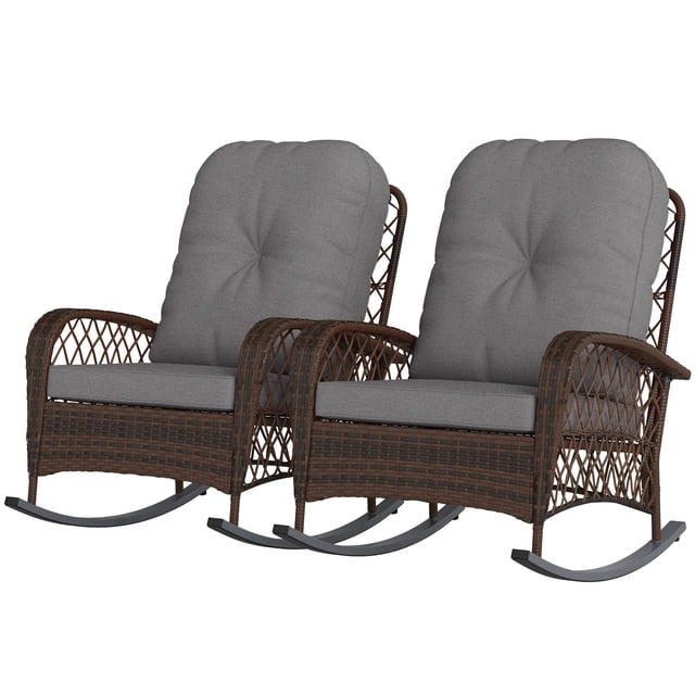 Set of 2 Outdoor Wicker Rattan Rocking Chairs with Thick Grey Cushions, Heavy-Duty Steel Frame Patio Rocker Set for Garden, Backyard, Porch and Conservatory, 29.5" W x 38.6" D