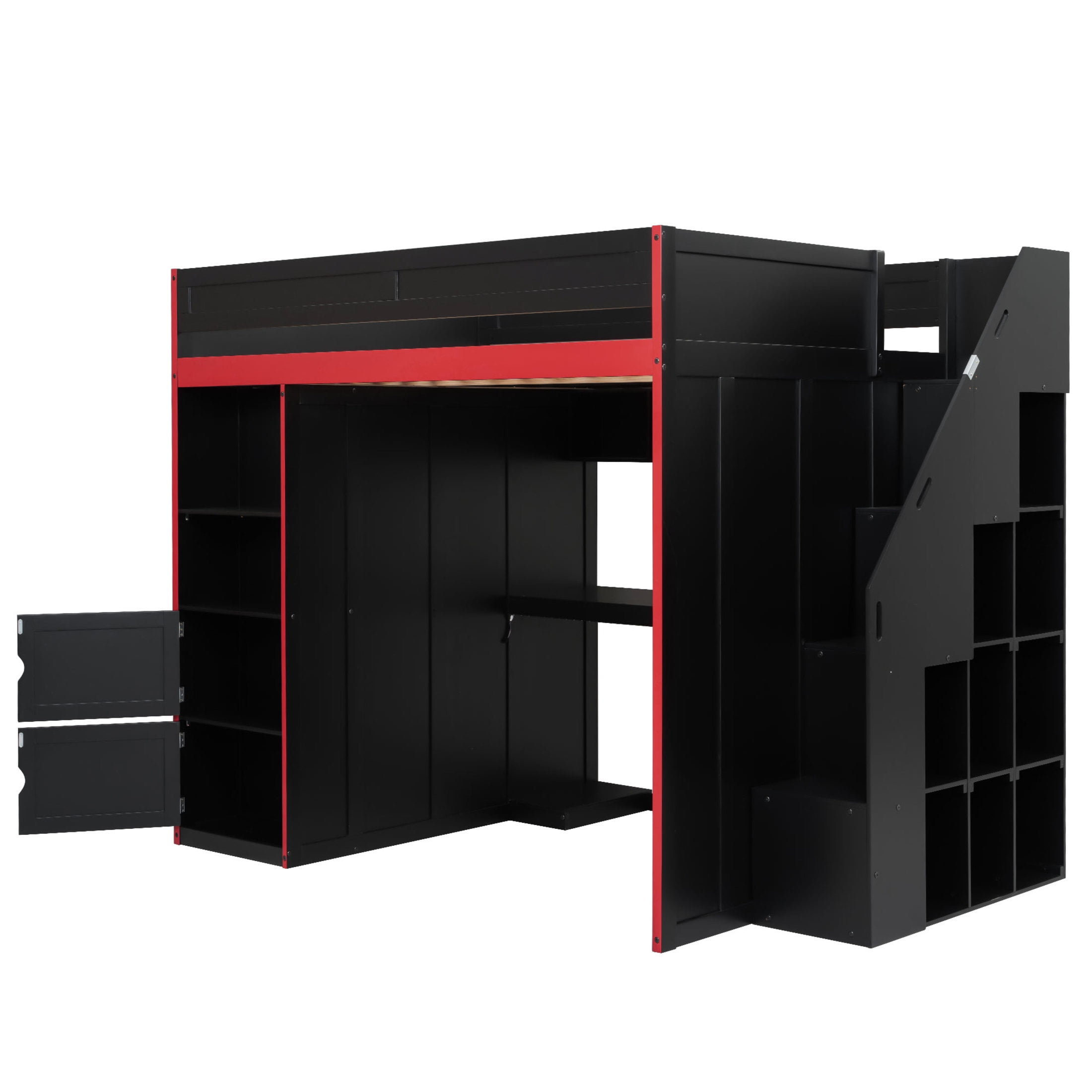 Noble House Mira Full Gaming Loft Bed, Desk with Storage Locker & LED Lights, Solid Wood Frame, Black and Red