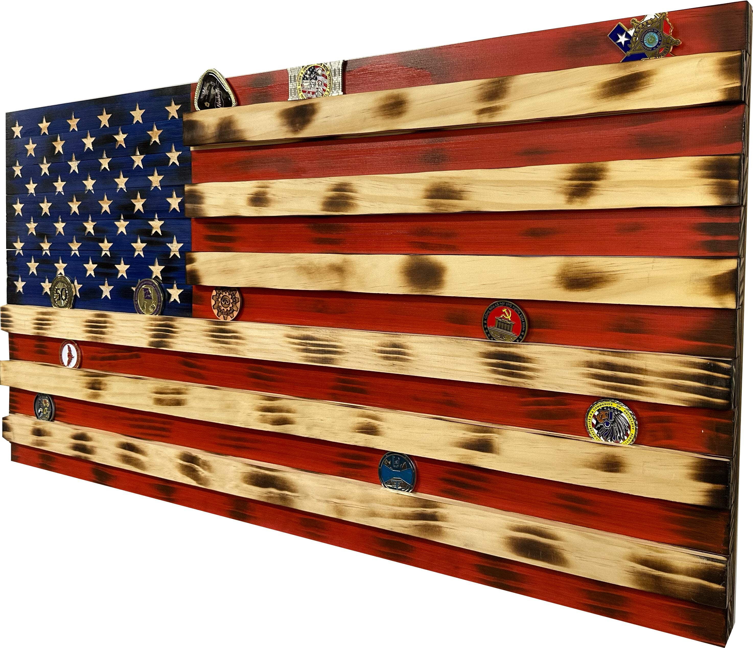 American Flag Challenge Coin Display and Hidden Gun Cabinet, Military Coin Holder Holds 100 Coins by Bellewood Designs