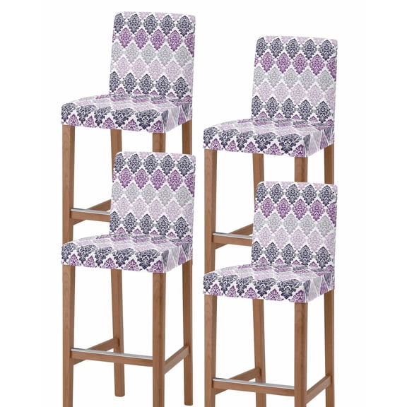Purple Boho Flowers Bar Stool Covers Set of 4, Modern Luxurious Geometric Floral Stretch Washable Bar Chair Covers with Backs, Removable Pub Counter Height Chair Cover for Kitchen Dining Room Cafe