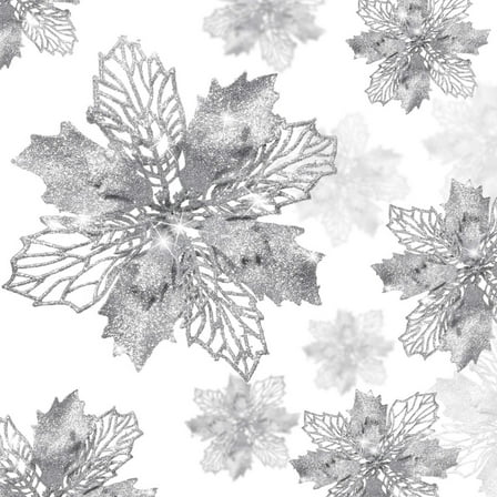 XEAZON 16 Pcs Christmas Glitter Flower, 6.3 inch Christmas Silver Glitter Hollow Leaf, Artificial Poinsettia Flowers Tree Ornaments, Festival Xmas Decor for Wedding Christmas Party Home Decoration