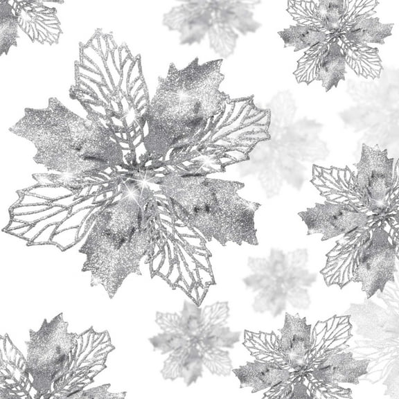 XEAZON 16 Pcs Christmas Glitter Flower, 6.3 inch Christmas Silver Glitter Hollow Leaf, Artificial Poinsettia Flowers Tree Ornaments, Festival Xmas Decor for Wedding Christmas Party Home Decoration
