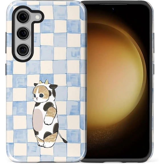 for Samsung Galaxy S23 Case,Dual-Layer TPU Silicone PC Hard,Shockproof and Scratch-Resistant Phone Case Blue Checkered A Cat Dressed in Cow Clothes