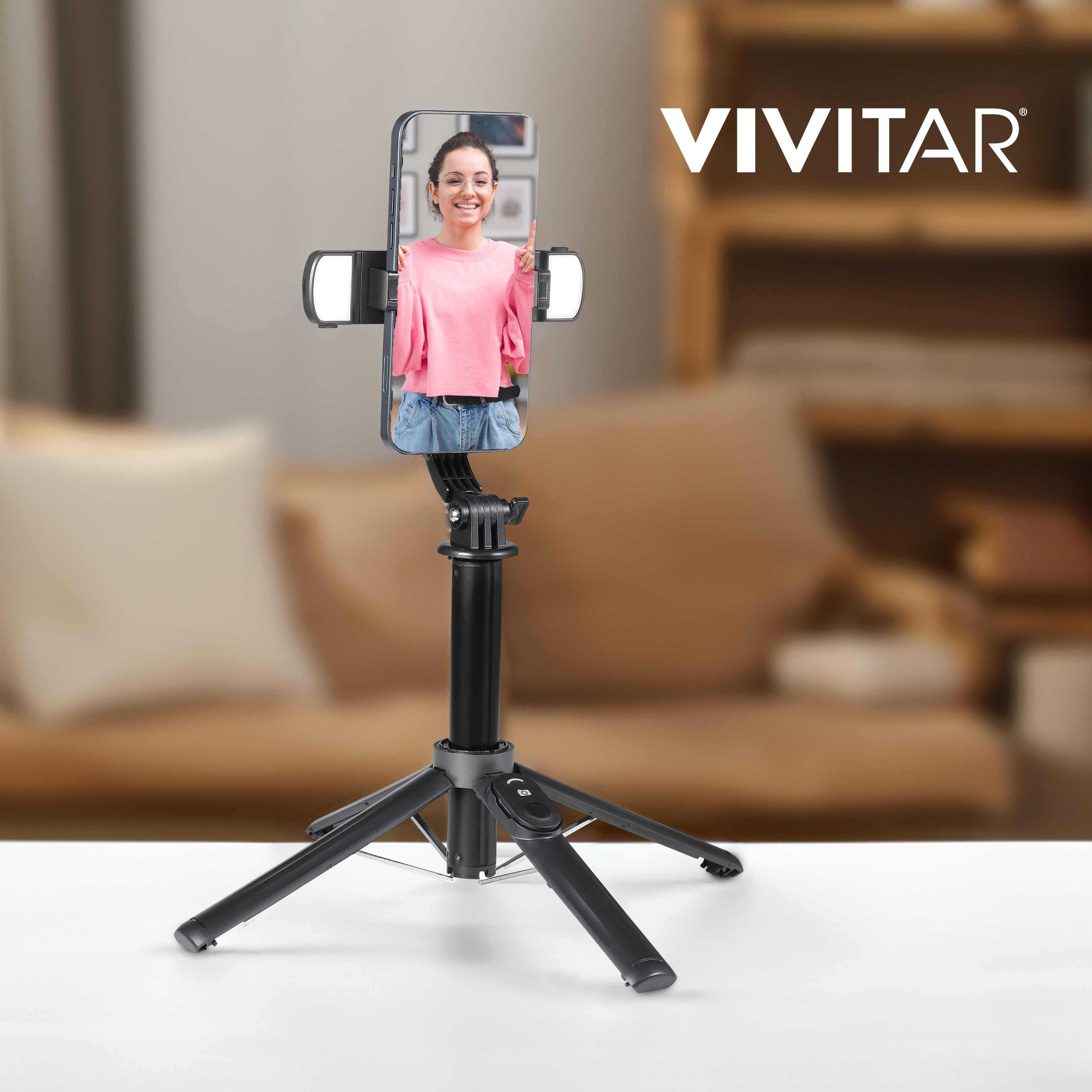 Vivitar Selfie Stick Tripod with Quad LED Lights, Black