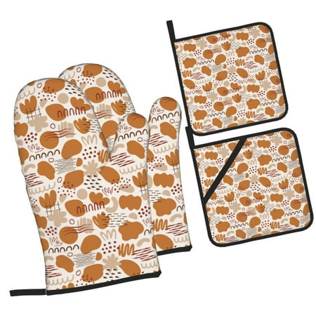 

Pofeuu Cartoon Print Oven Mitts and Pot Holders 4 pcs Set High Heat Resistant 500 Degree Extra Thicken Long Kitchen Cotton Oven Glove for Cooking