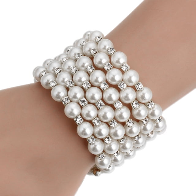 vonky Bracelet en Perles Simulées Argentées pour Femmes, Bracelet Multi-Rangée, Bracelet Enveloppant à Spirale