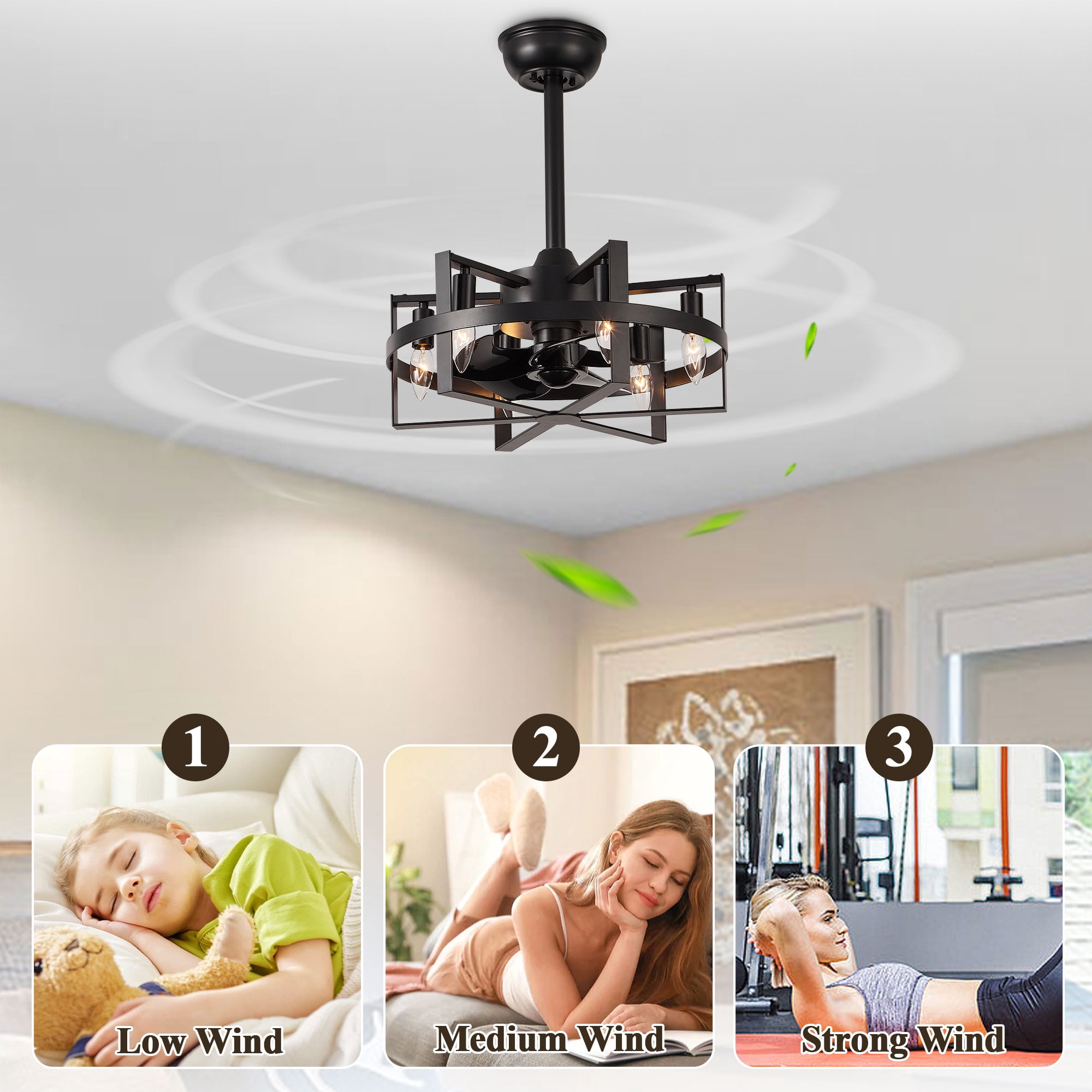 Bella Depot 18 Inches Octagonal Cage Ceiling Fan with Light and Remote Control, 6-speed Reversible Chandelier