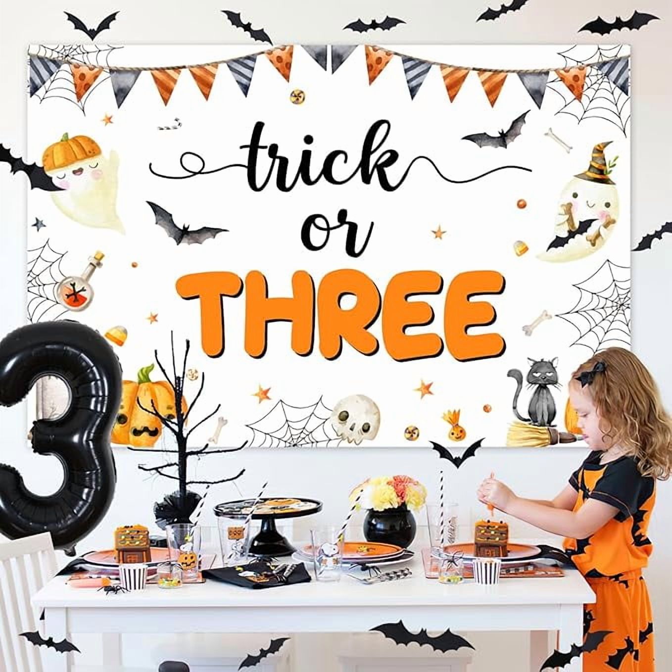 Trick or Three Theme Halloween 3rd Birthday Party Decorations Pumpkin Backdrop Number 3 Balloon Garland Arch Kit 3D Bat Wall Stickers Simulation Spider for Halloween 3rd Birthday Party Decor Supplies