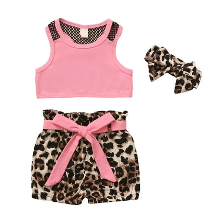 

Toddler Baby Girls Sleeveless Solid Vest Tops+ Leopard Printed Shorts Outfits