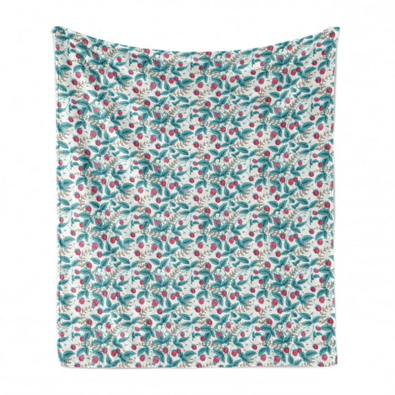 Fruit Soft Flannel Fleece Throw Blanket, Raspberry Pattern with Foliage Leaves Hand Drawn Seasonal Food Spring Vegetation, Cozy Plush for Indoor and Outdoor Use, 50" x 60", Multicolor, by Ambesonne