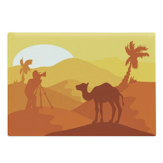 Travel Cutting Board, Monochromatic Layout of a Desert Landscape with Camel Safari, Decorative Tempered Glass Cutting and Serving Board, in 3 Sizes, by Ambesonne