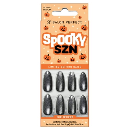 Salon Perfect Halloween Fall Artificial Fake Press On Nails, 393 Magnetic Holographic Green, Medium Almond, File, Glue and Prep Pad Included, 30 Nails