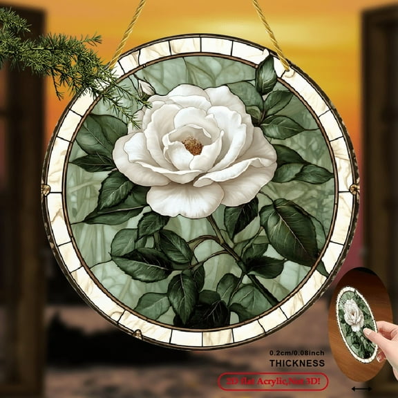 2D Flat, 1pc Bohemian White Rose Sun Catcher - Circular Acrylic Window Hanging Decor with Stained Glass Effect, Vibrant 2D Floral Art for Home Decor, Weddings Spring Festivals, 8*8inch