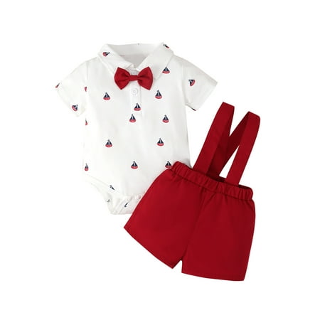 

Bagilaanoe 2Pcs Newborn Baby Boys Overalls Shorts Set Short Sleeve Romper Shirt Tops with Bow Tie + Suspender Short Pants 3M 6M 9M 12M 18M 24M Infant Gentleman Formal Outfits
