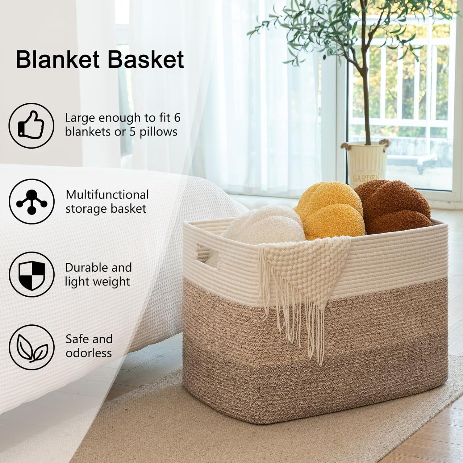 108L Super Large Blanket Basket, 25”x16”x16”(108L) Rectangle Woven Baskets for Storage, Cotton Rope Basket For Living Room, Toy Storage with Handle- Gradient Brown