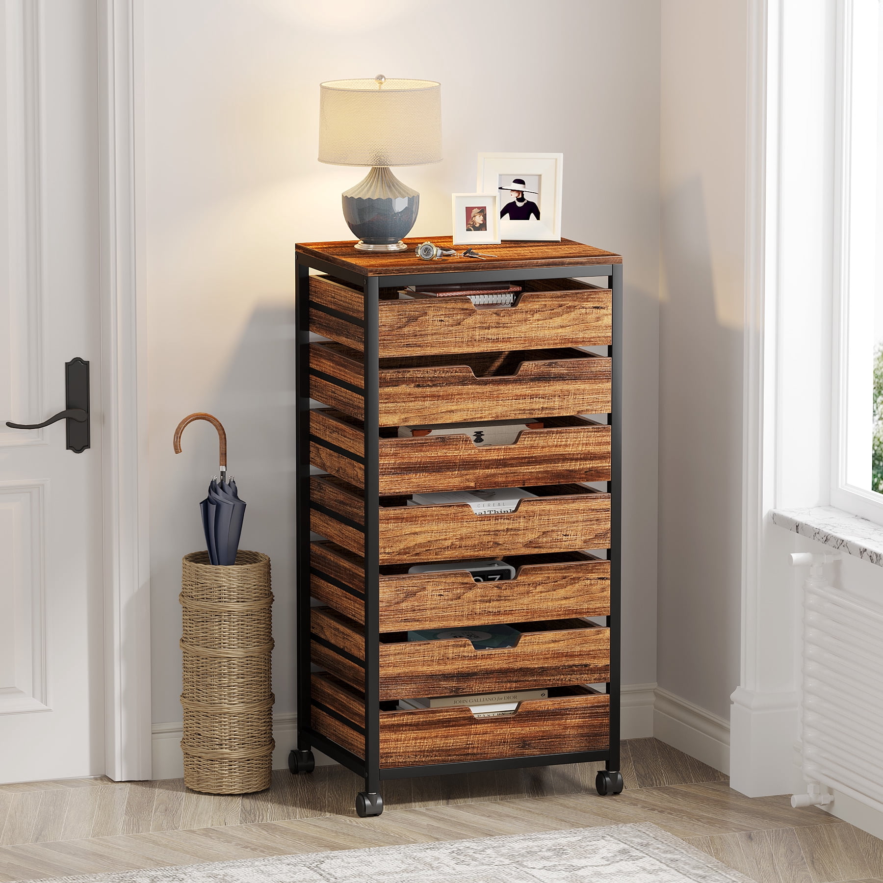 Tribesigns Industrial 7-Drawer Chest Dresser with Wheels Storage Wood Organizer Cart for Entryway
