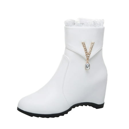 

Puawkoer Ladies Solid Color Leather Lace Metal Decorated Zipper Inner Fashion Short Boots