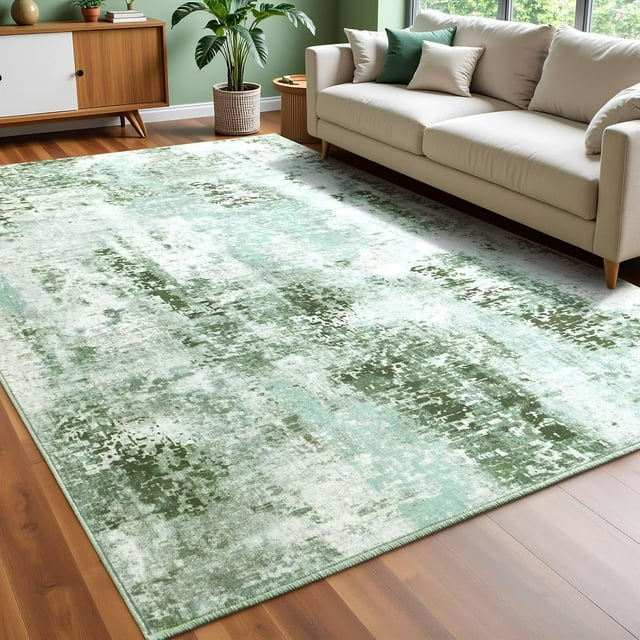 Macgace Modern Abstract Rugs for Living Room, 4'x6' Machine Washable Area Rug with Non Slip Backing for Bedroom, Soft Floor Covering Contemporary Carpet for Dining Room Home Office, Green