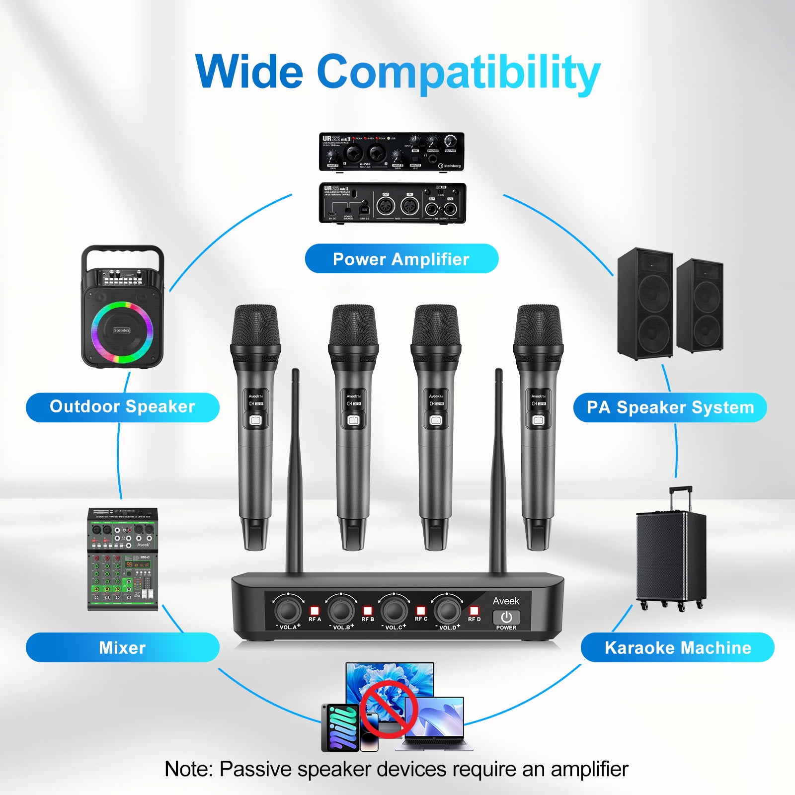 Aveek Wireless Microphone System,4-Channel Wireless Mic,262ft Range,40Hour Battery,Dynamic Microphones for Karaoke,Singing,Speech,Stage,Wedding,DJ