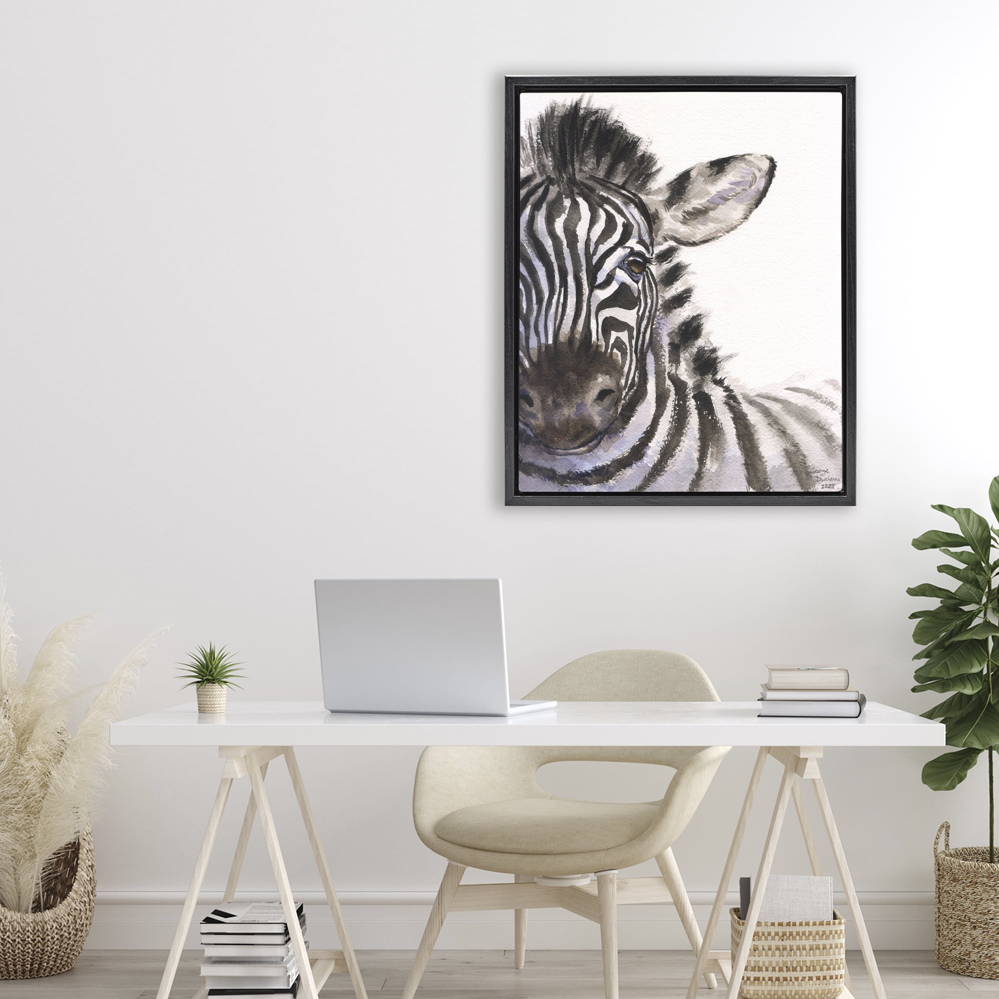 Stupell Industries Zebra Portrait on White Black Framed Floater Canvas Wall Art, design by George Dyachenko