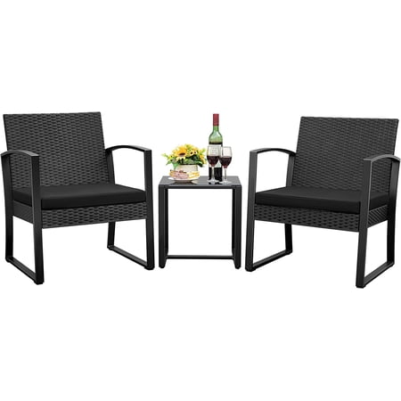 JUMMICO Patio Chairs 3 Piece Outdoor Furniture with All Weather Plastic Seat & Metal Frame Patio Conversation Set for Porch, Balcony, Poolside (Black)