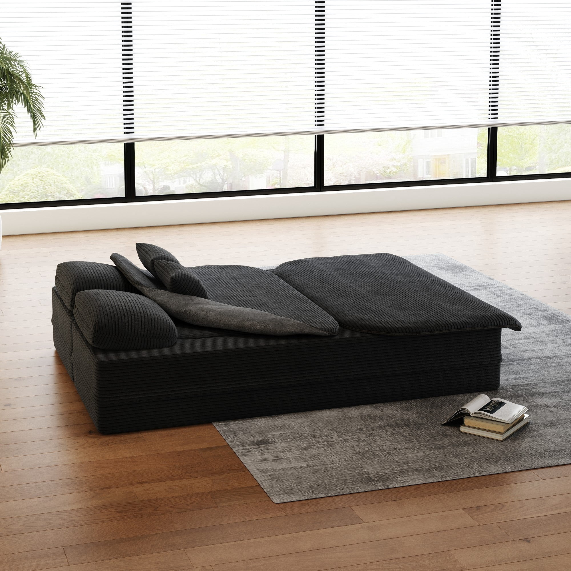 Sailvan 75" Convertible Sleeper Sofa, Corduroy Floor Couch to Full Bed with Blanket and 4 Pillows Black