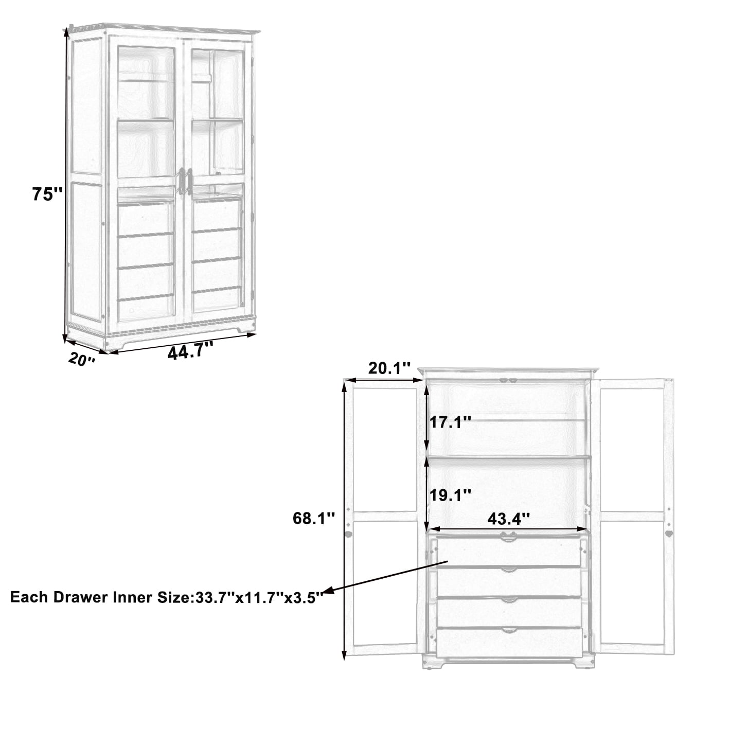 Harper & Bright Designs Farmhouse Kitchen Pantry Cabinet with Microwave Shelf, Tall Kitchen Storage Cabinet with Glass Door, Freestanding Hutch with 4 Built-in Drawers, 75", White