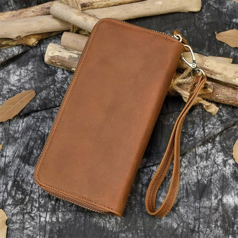Vintage Genuine leather Men Clutch Wallet Credit Card Inner Zip