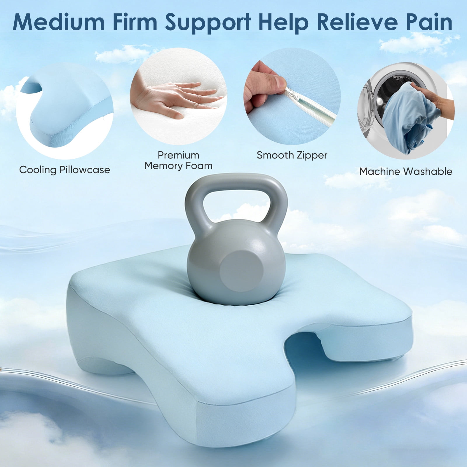 AMTPM Side Sleeper Pillow with Blue , 2 in 1 Shoulder Relief for Rotator Cuff Pain, Memory Foam Pillow for Adults Side, Back and Stomach