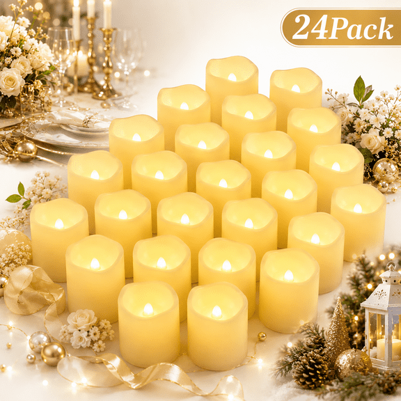 Flameless Votive Candles,Flameless Flickering Electric Fake Candle,24 Pack 200 Hour Battery Operated LED Tea Lights in Warm White for Wedding, Table, Halloween,Christmas Decorations 1.5"X1.7"