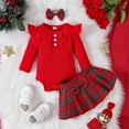 thumbnail image 2 of Felwors Toddler Girls Ruffles Long Sleeve Solid Ribbed Romper Plaid Prints Skirts Headbands Outfits, 2 of 8