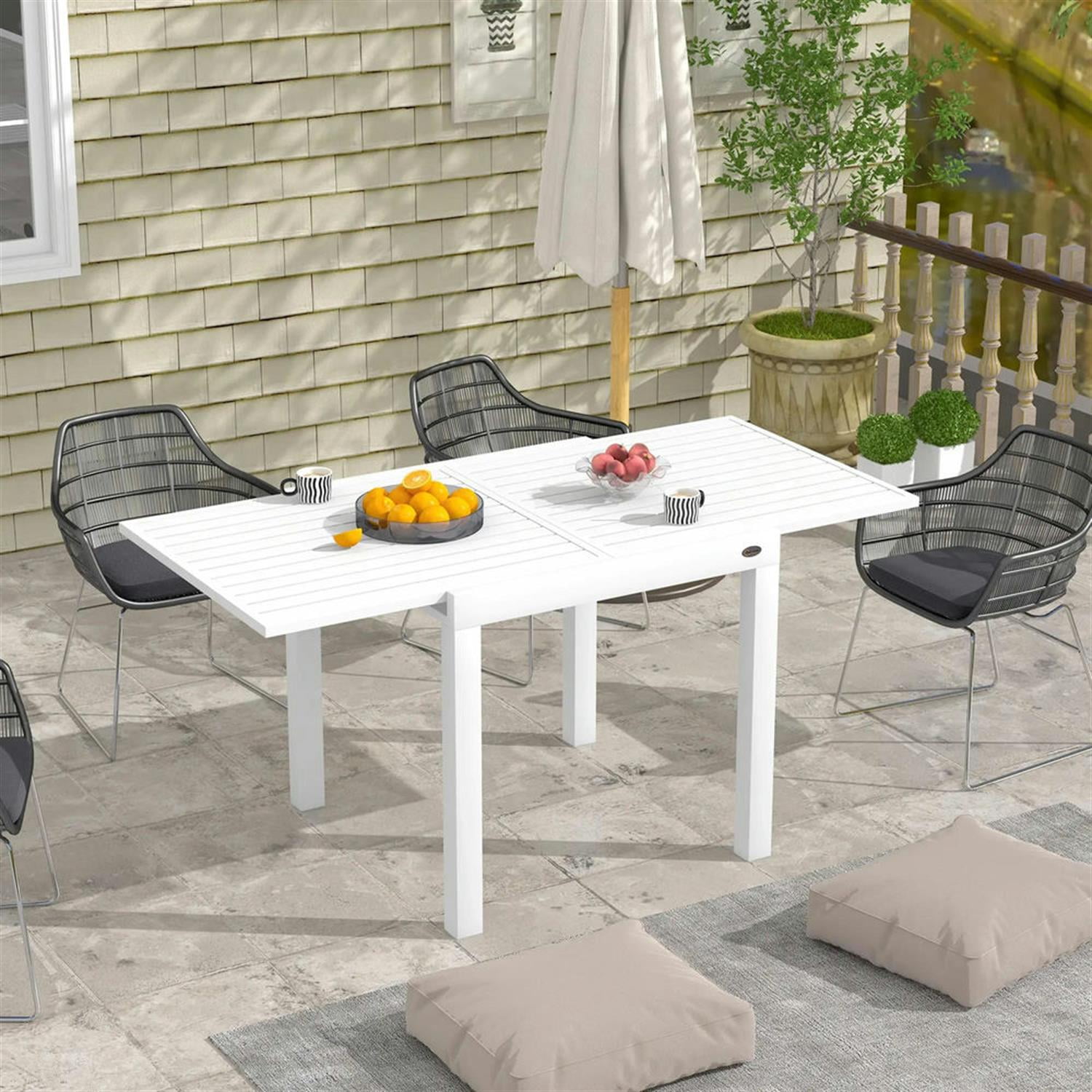 Demi Bonn 70" Expandable Outdoor Dining Table for 4-6 Guests, Aluminum Frame Patio Table for Garden, Lawn, Balcony, Terrace, White