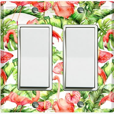 Metal Light Switch Plate Outlet Cover Tropical Pink Flamingo Flower Leaves White FGO002