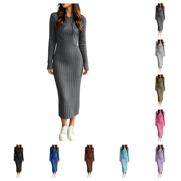SAWOBUUN Womens Hooded Ribbed Knit Bodycon Dress Long Sleeve Turtleneck Sweater Dress Stretch Slim Fit Dress