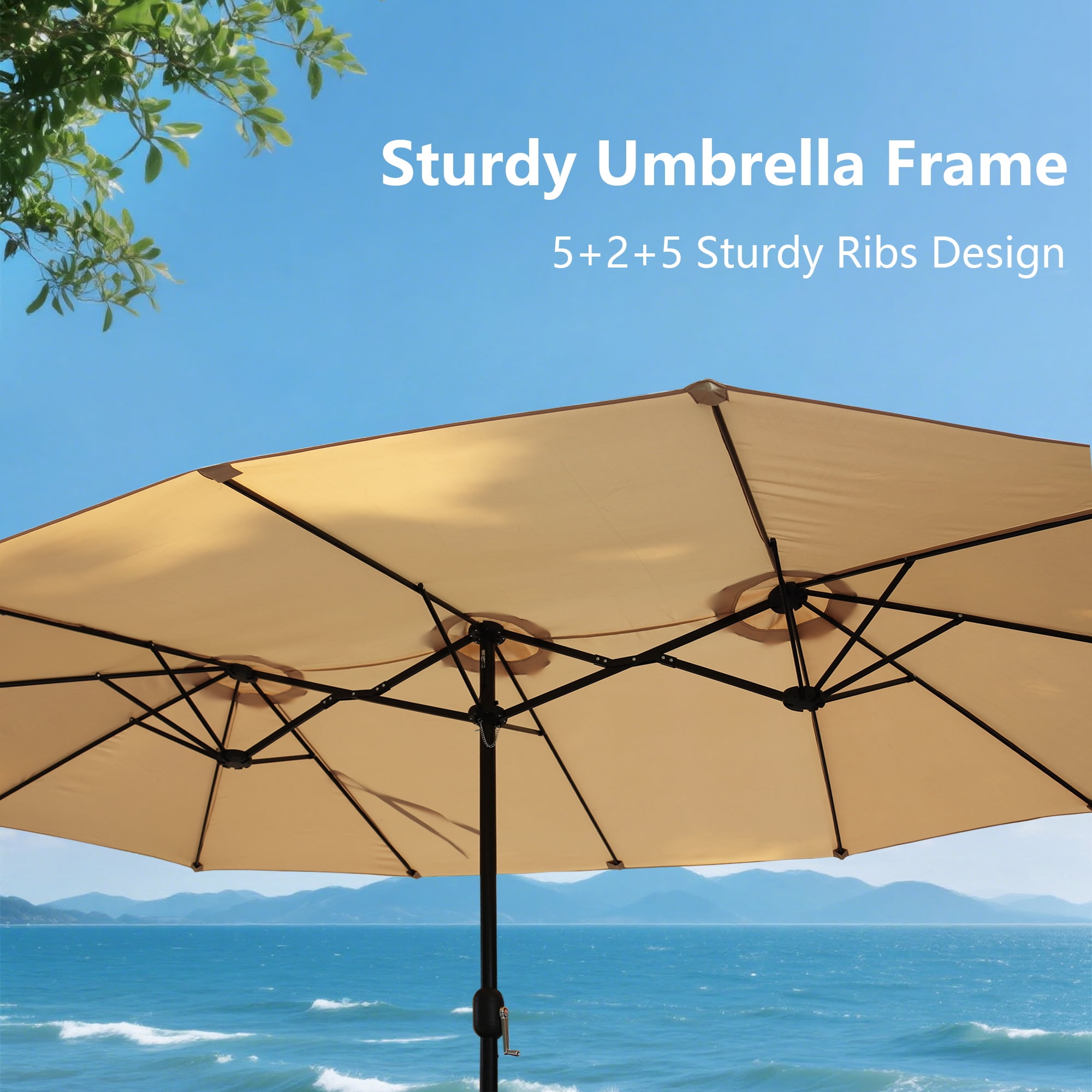 Abble 15x9 ft Large Double Sided Rectangular Patio Market Umbrella with Crank Lift - Heavy Duty Steel Sun Shade in Tan
