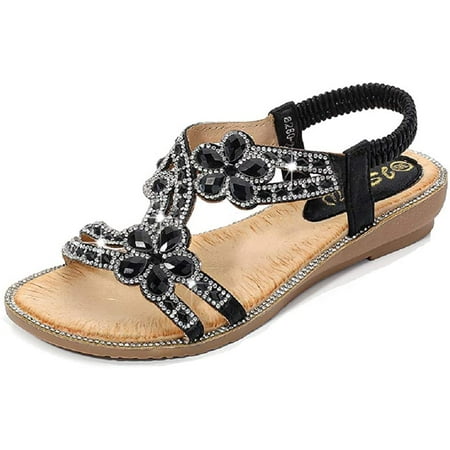

Women s T-Strap Beaded Flower Rhinestone Flat Sandals Dress Beach Shoes